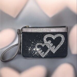 Coach Poppy Heart Motif Studded Wristlet Black & Silver EUC